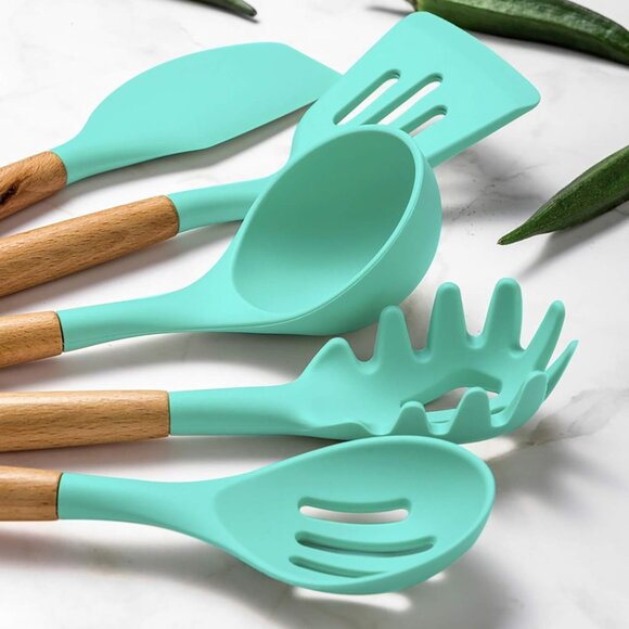 33 pcs Non-Stick Silicone Cooking Kitchen Utensil Spatula Green Set with Holder - Picture 2 of 9